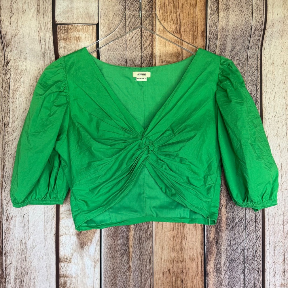 Jason Wu Twist Front Puff Sleeve Crop Top Green Bold Modern Versatile Medium
